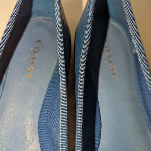 Coach Blue Leather Ballet Flat Leather Sole Wood Heel Bow Gold Tone Emblem 7 - Picture 9 of 10